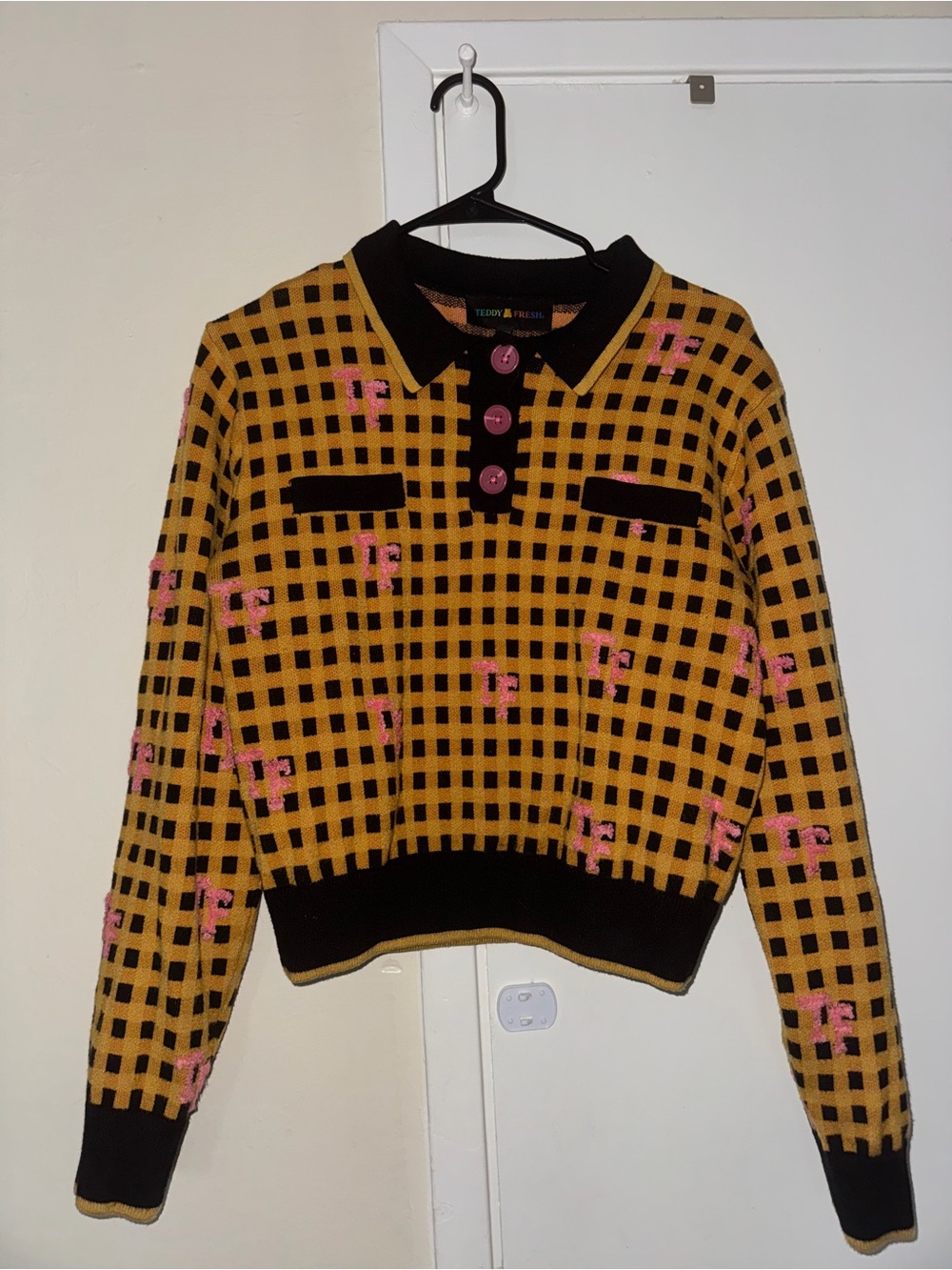 Teddy Fresh Yellow and Black Check Knit Polo Sweater with Pink Accents